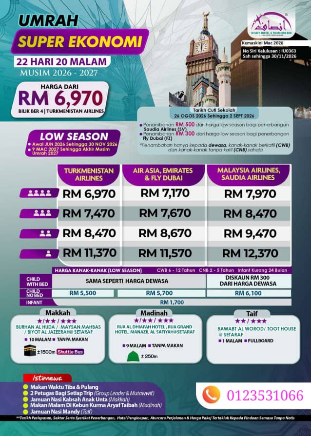 Poster harga low season Super Ekonomi 22 hari 20 malam, bermula RM6,970 bagi bilik berempat dengan Turkmenistan Airlines