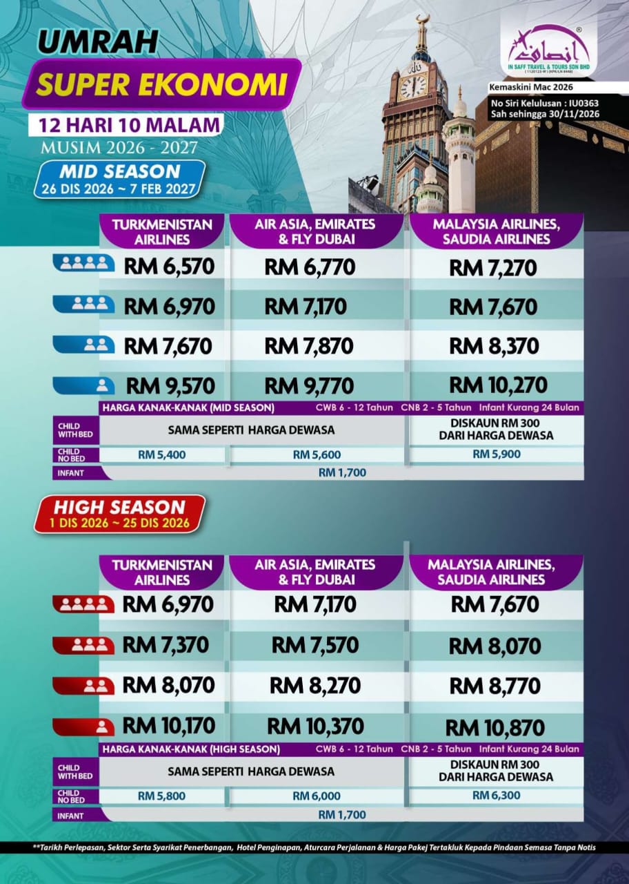 Poster jadual harga mid season dan high season Super Ekonomi 12 hari 10 malam